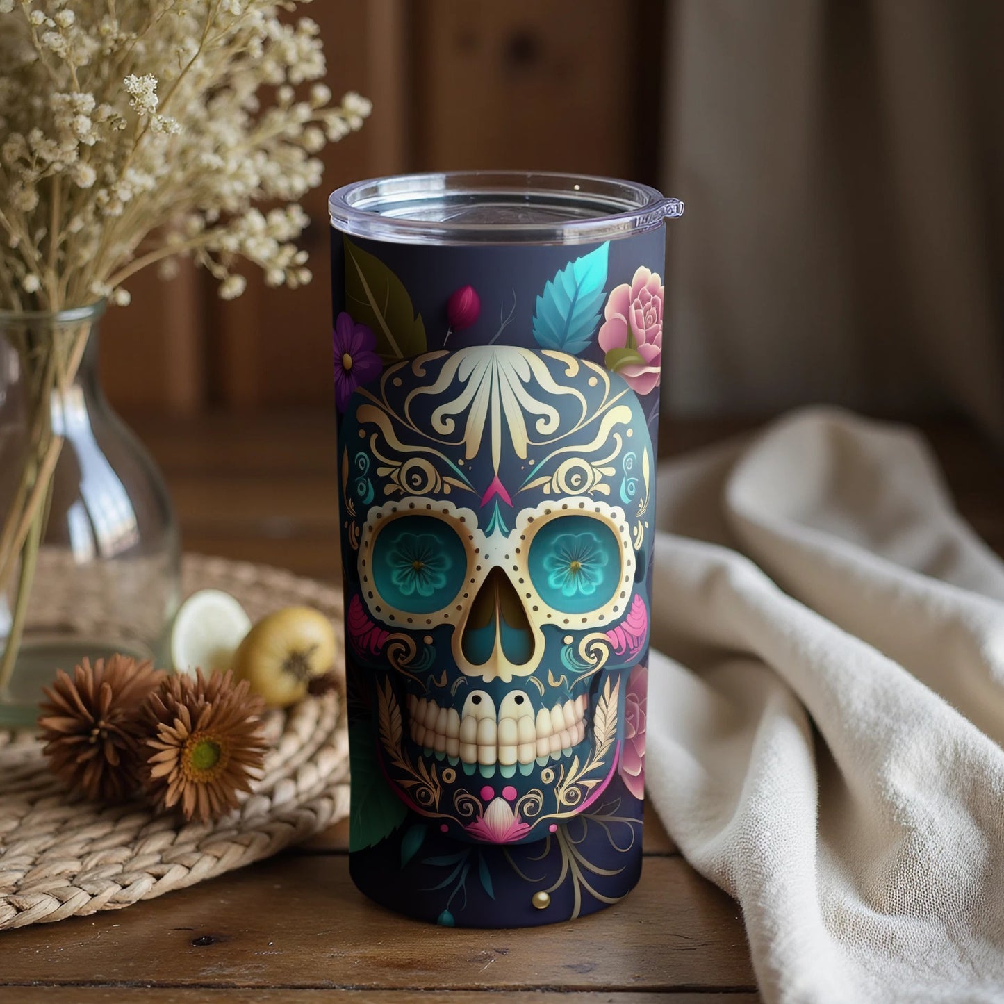 Vibrant Colorful Sugar Skull Art Design Tumbler