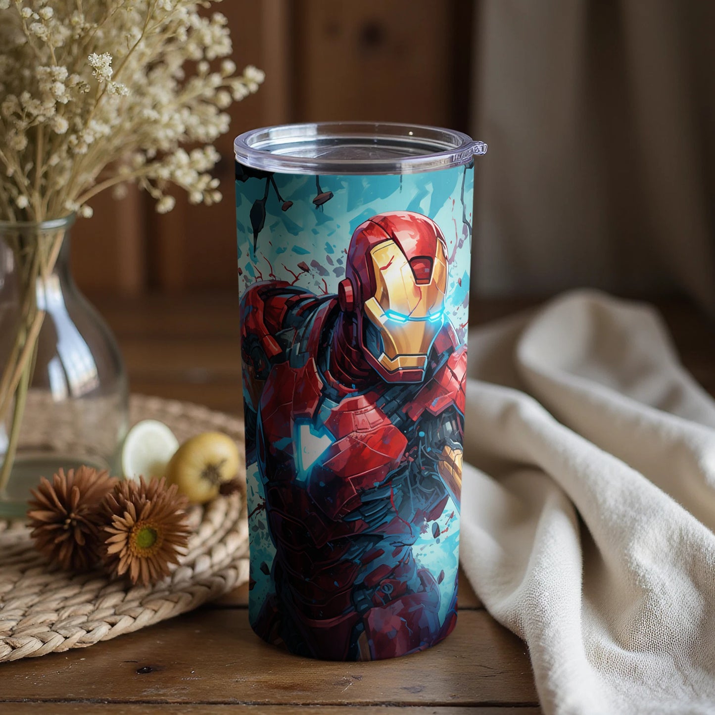 Vibrant Artwork of Futuristic Hero Travel Tumbler