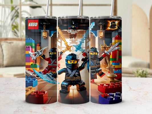 Three LEGO ninjas with swords surround a central black ninja in a Lego-themed room.