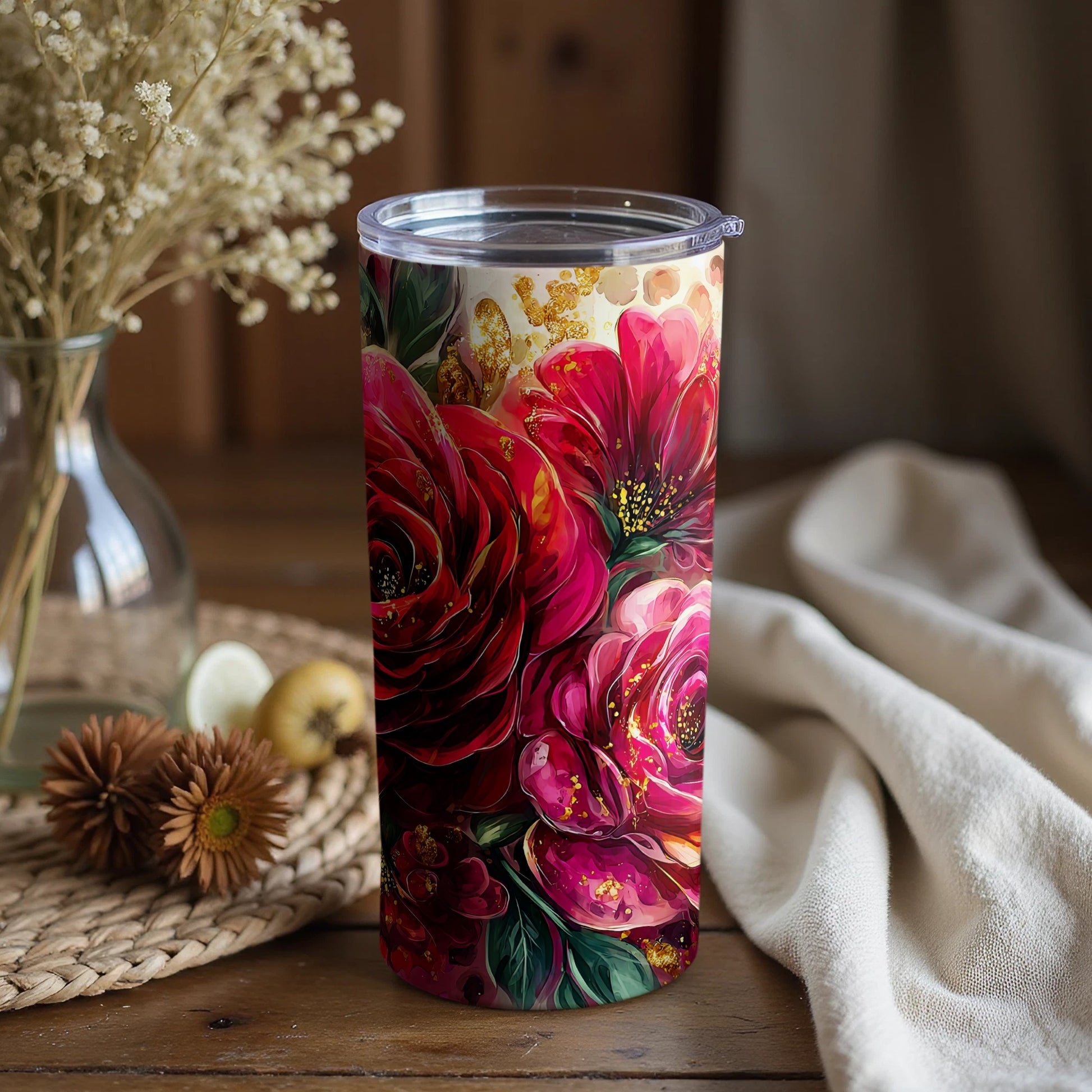Elegant Floral Tumbler with Beautiful Red Blossoms Design