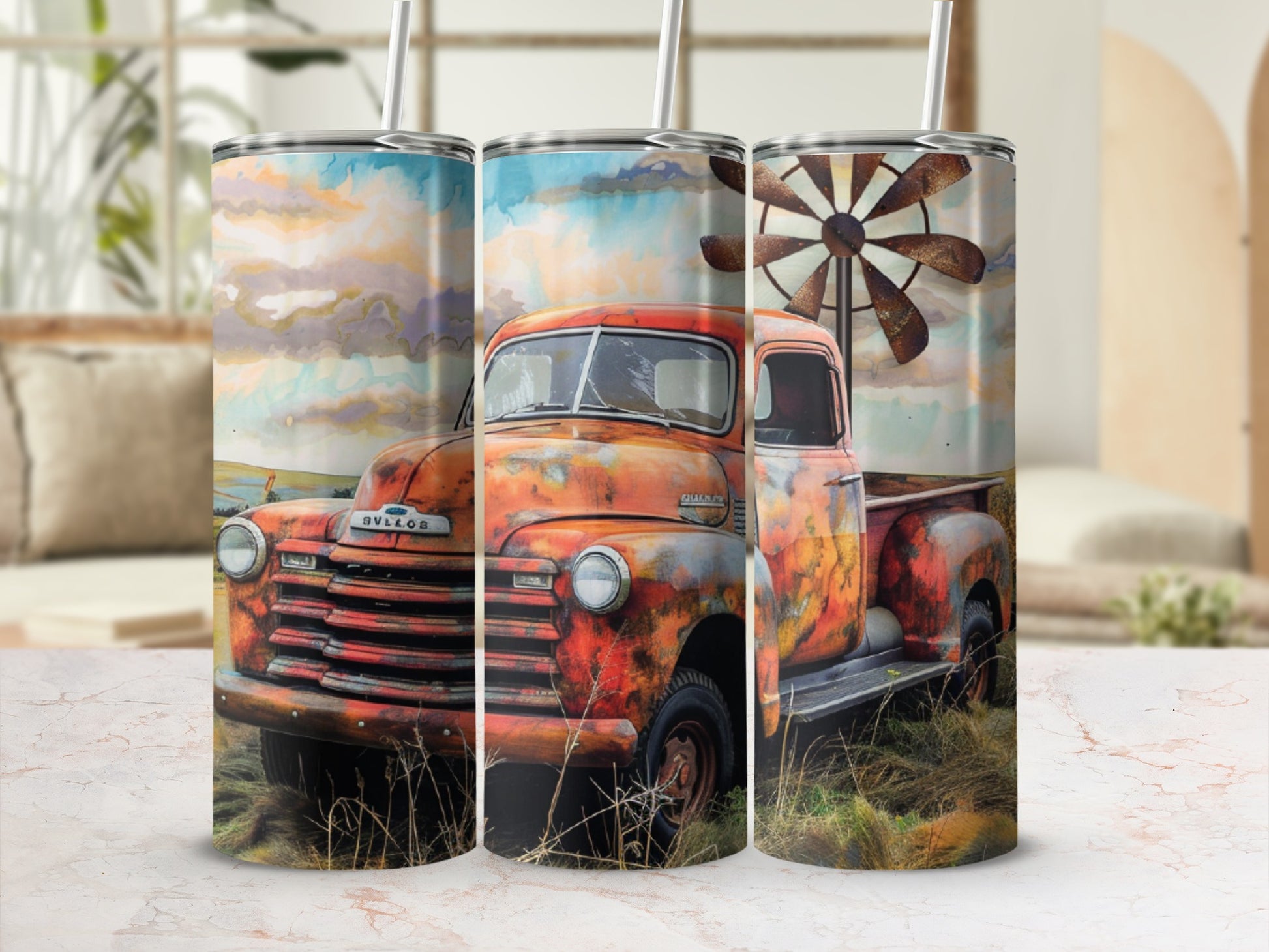 Rusty vintage pickup truck with windmill against cloudy sky on tumbler.