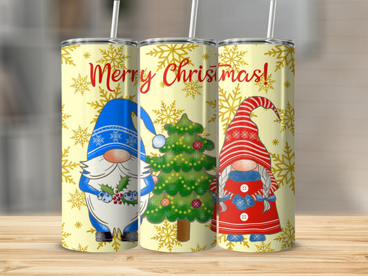 Christmas gnomes and tree on yellow background with "Merry Christmas!" text.