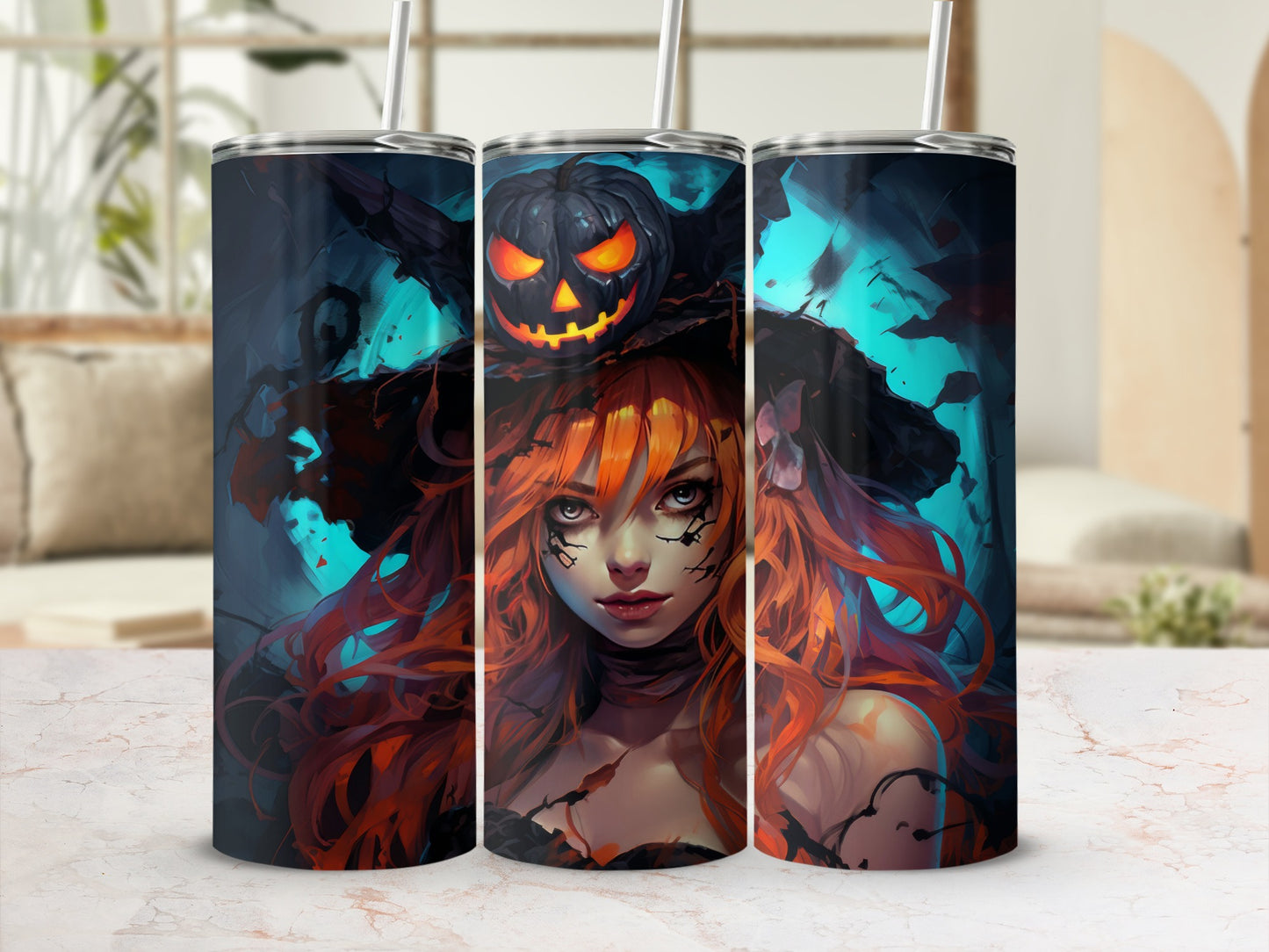 Three tumblers featuring a witch with a pumpkin hat and long red hair.