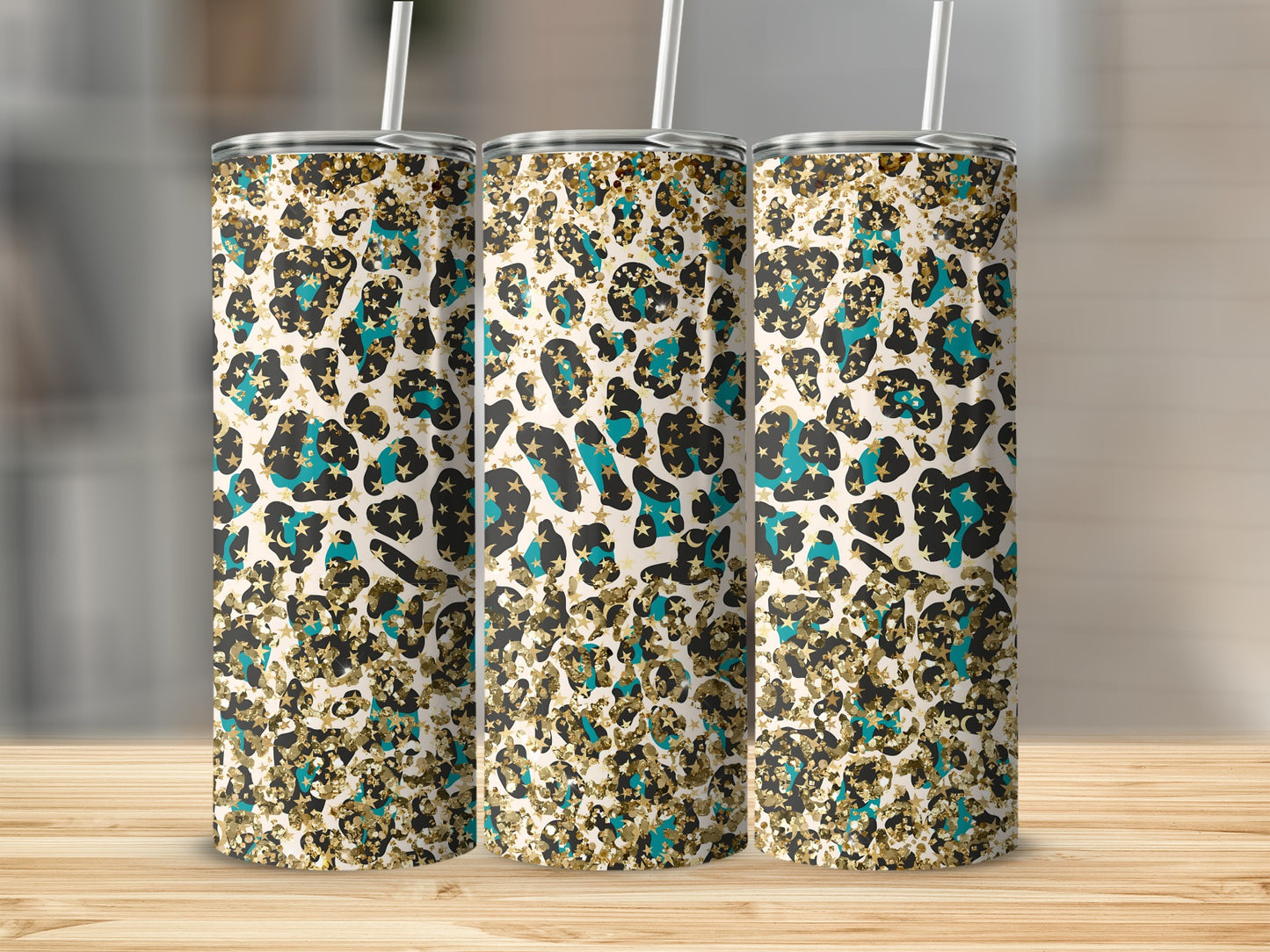 Leopard Print Sparkle Star Tumbler Cup with Straw