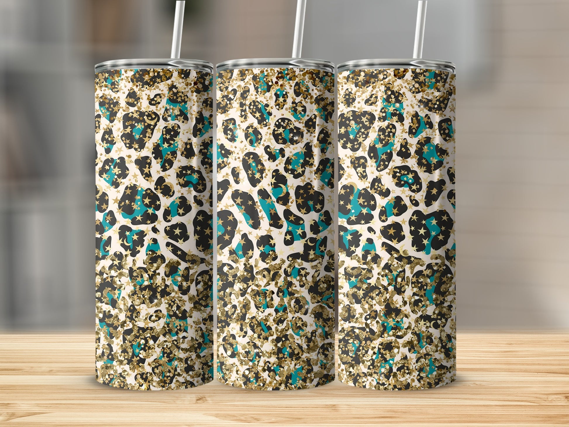 Leopard Print Sparkle Star Tumbler Cup with Straw