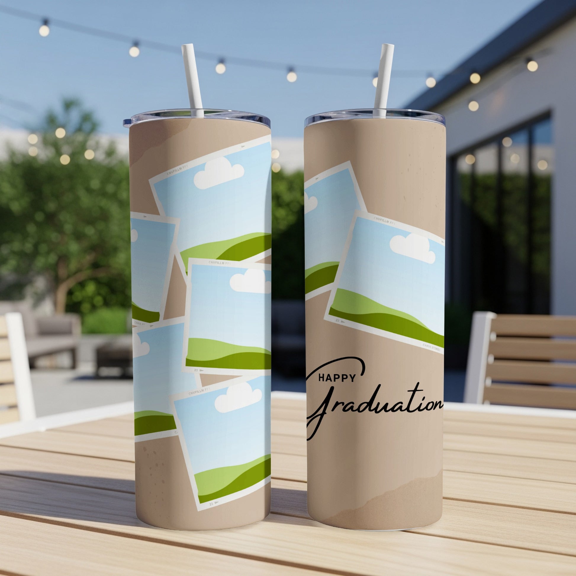 Two tumblers with collage of landscape photos and "Happy Graduation" text.