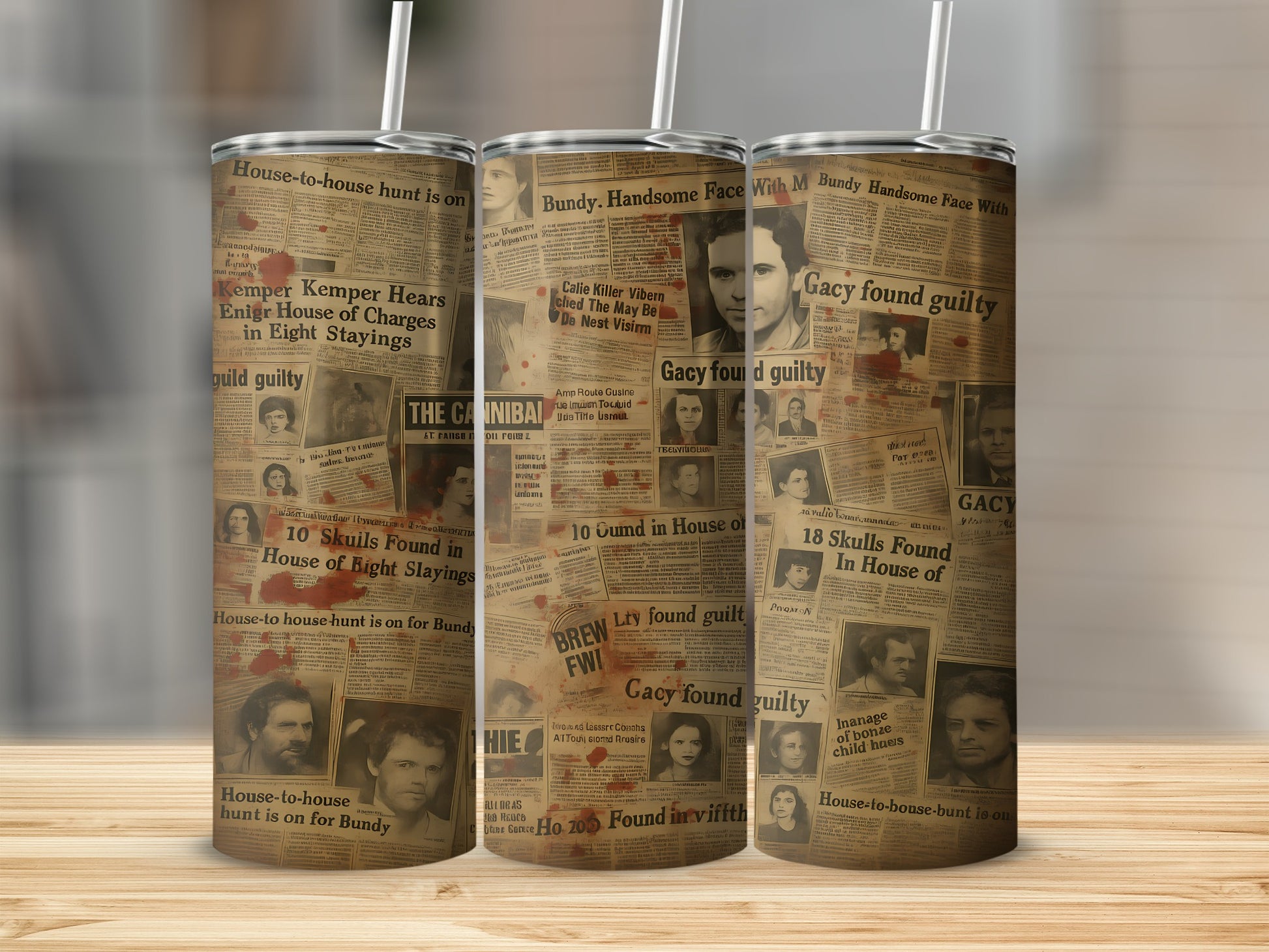 Tumbler with newspaper clippings featuring crime headlines and portraits.