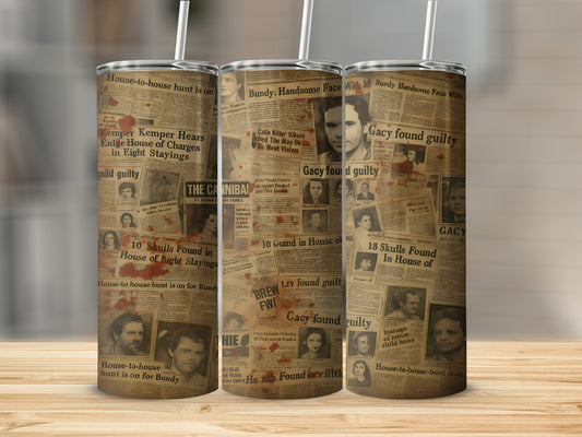 Tumbler with newspaper clippings featuring crime headlines and portraits.