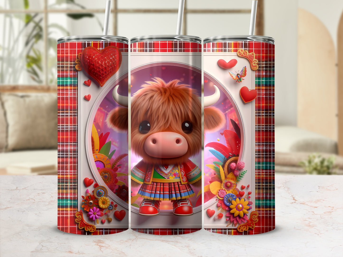 Highland cow wearing a kilt with plaid borders and floral accents.