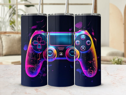 Gaming controller design on a dark blue tumbler with a straw.