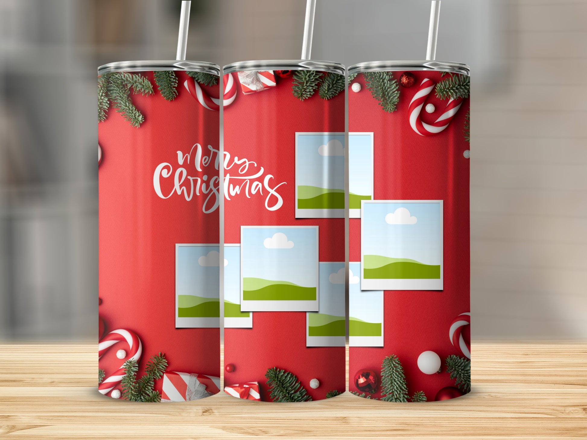 Red tumbler with Merry Christmas text and photo placeholders surrounded by festive decorations.