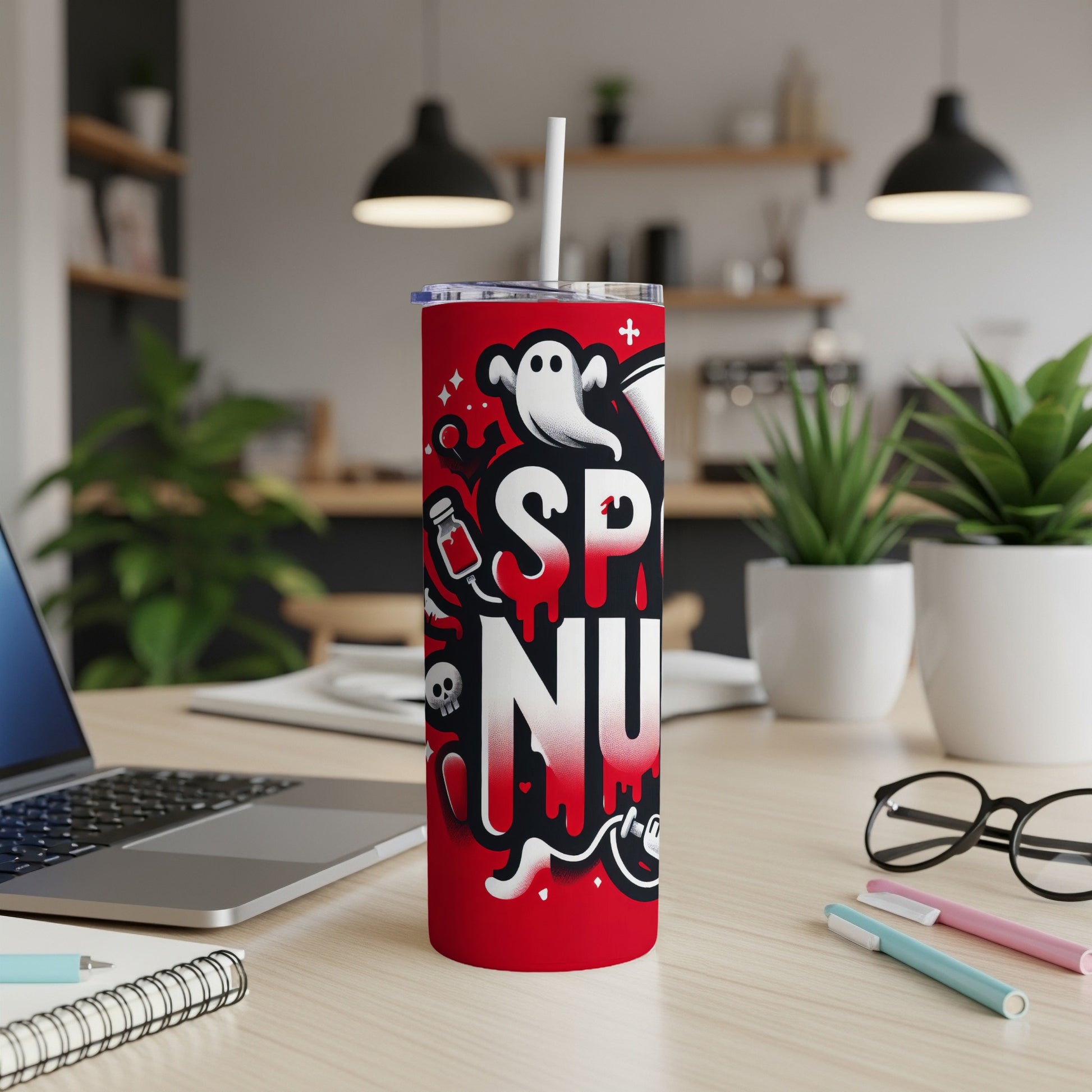 Red tumbler with "SP(ook)NU" Halloween design and straw.