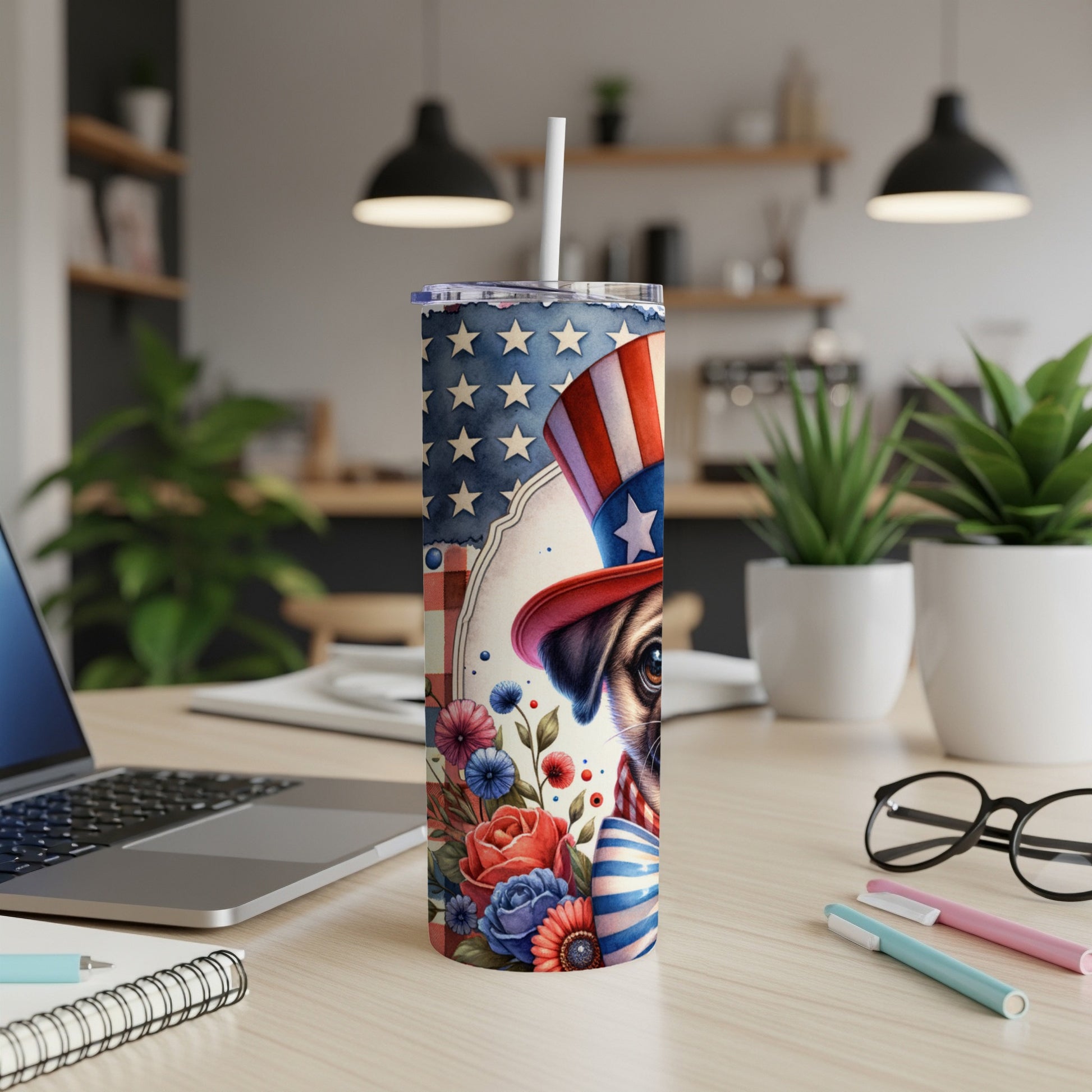 Patriotic pug wearing a hat surrounded by flowers on a tumbler.