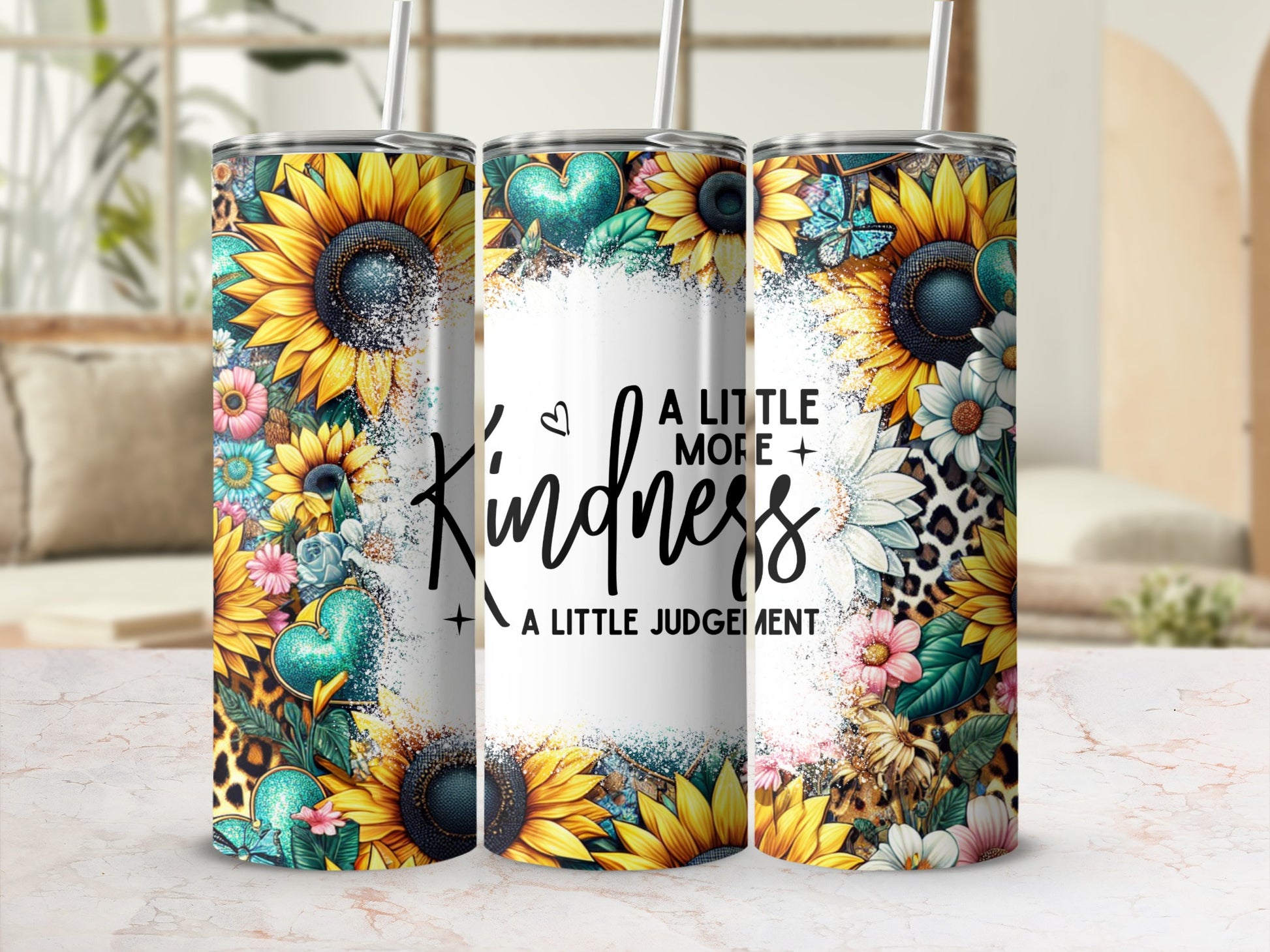 Sunflower and butterfly tumbler with "A little more kindness, a little less judgment" text.