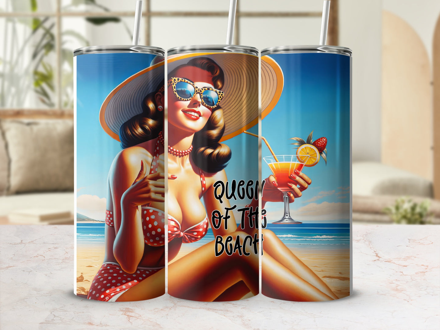 Woman in swimsuit and hat with cocktail on beach, "Queen of this Beach" text.