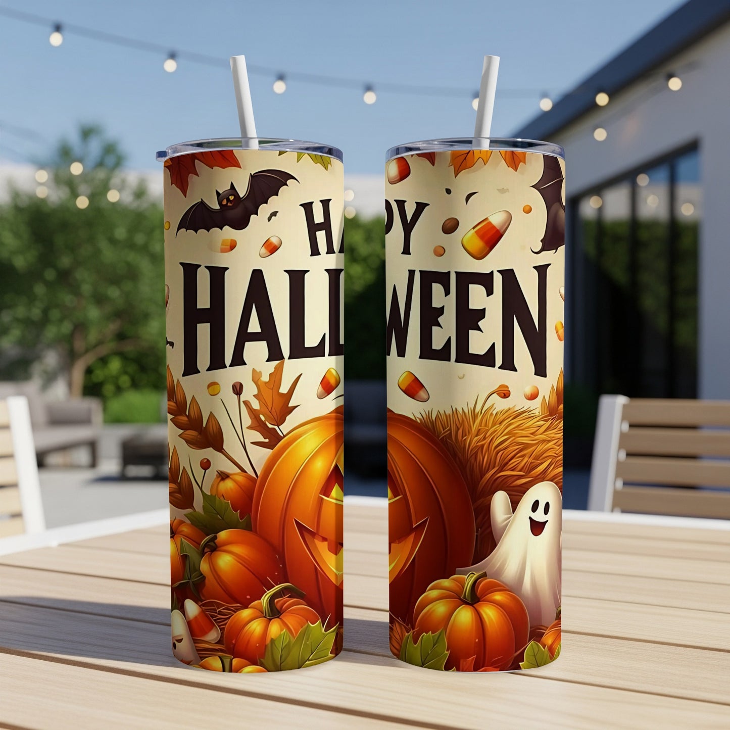 Two tumblers with a "Happy Halloween" design featuring pumpkins, bats, leaves, and a ghost.