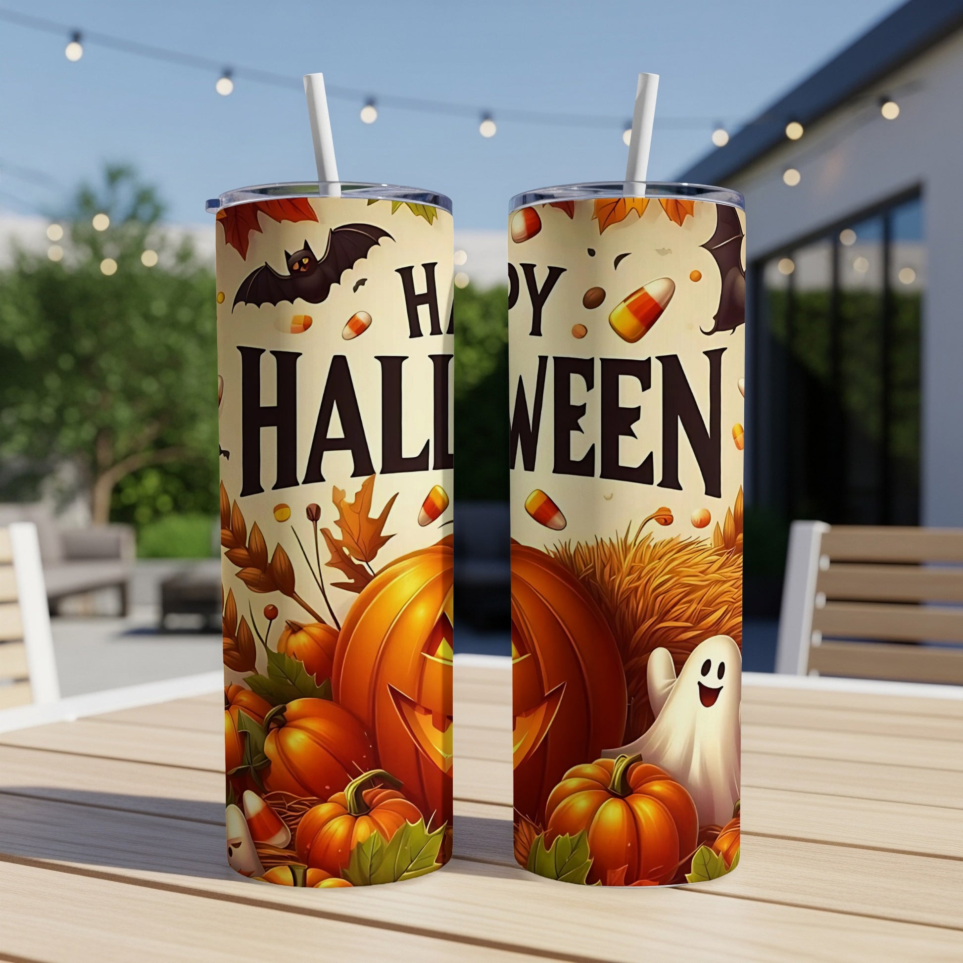 Two tumblers with a "Happy Halloween" design featuring pumpkins, bats, leaves, and a ghost.