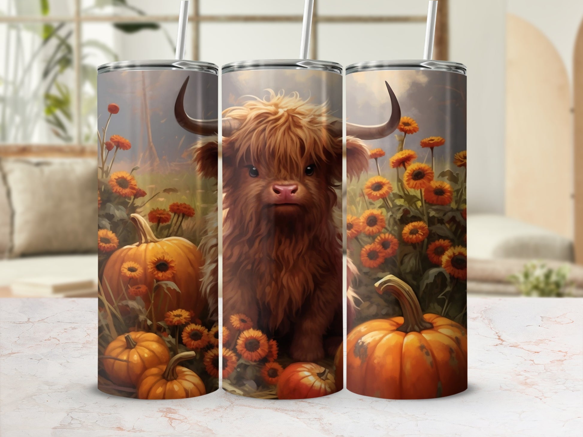 Highland Cow with Pumpkins and Flowers Tumbler