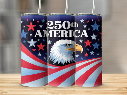 Three tumblers featuring an American flag, bald eagle, and "250th AMERICA" text.