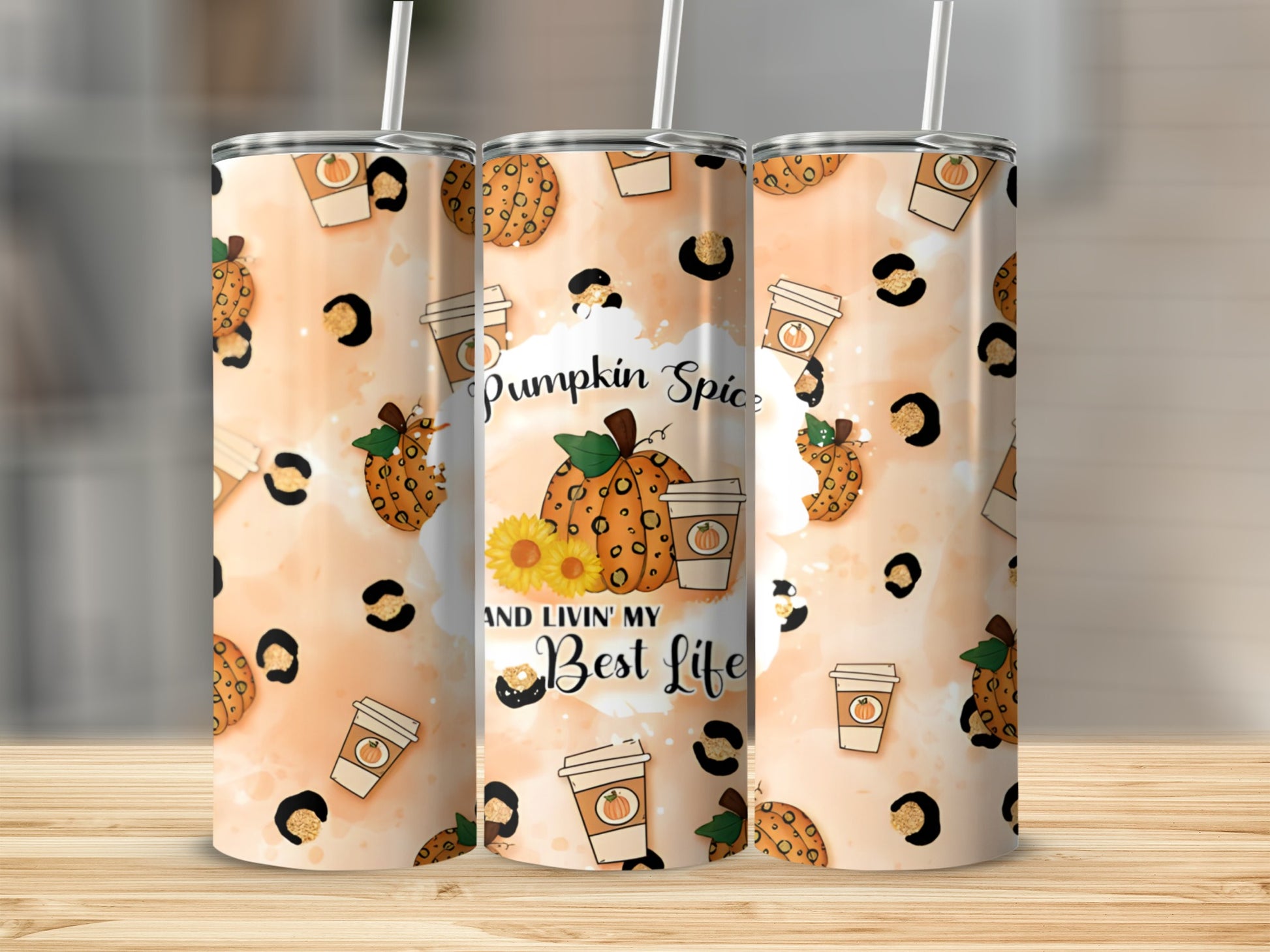 Tumbler with "Pumpkin Spice And Livin' My Best Life" text and pumpkin graphics.