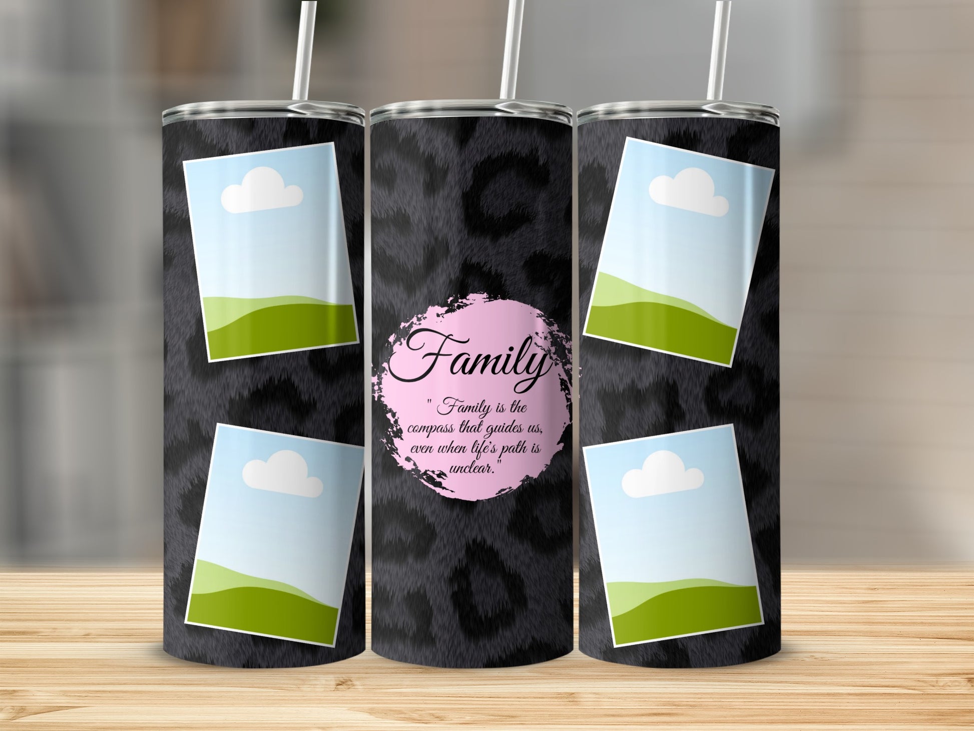 Tumbler with black faux fur texture, photos, and "Family" quote.