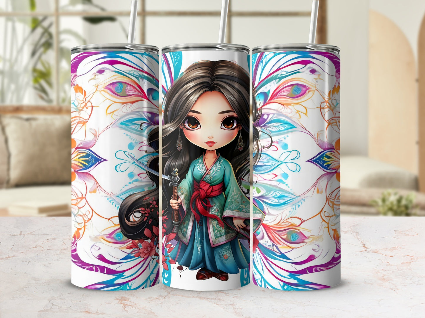 Vibrant Anime Character Colorful Feather Pattern Tumbler