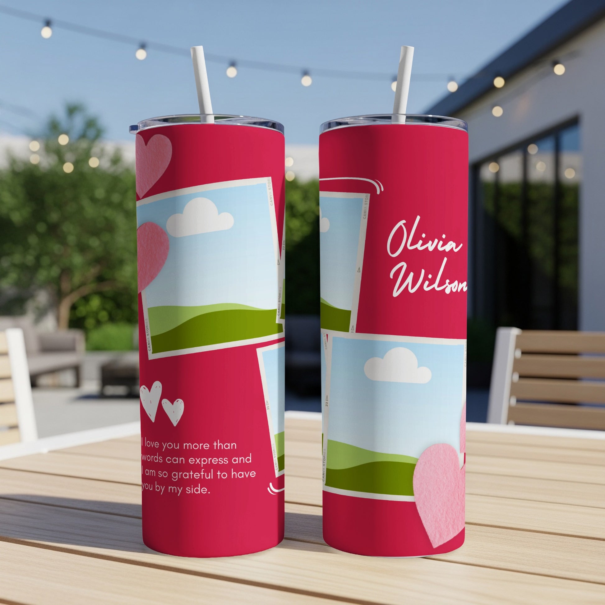 Two personalized tumblers with photo collage designs, hearts, and text.