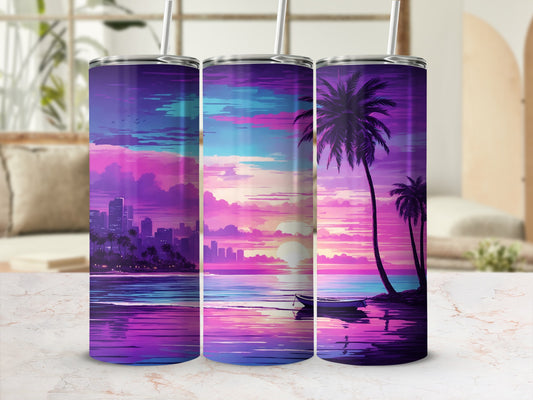 Palm trees and city skyline silhouette on a colorful sunset beach scene.
