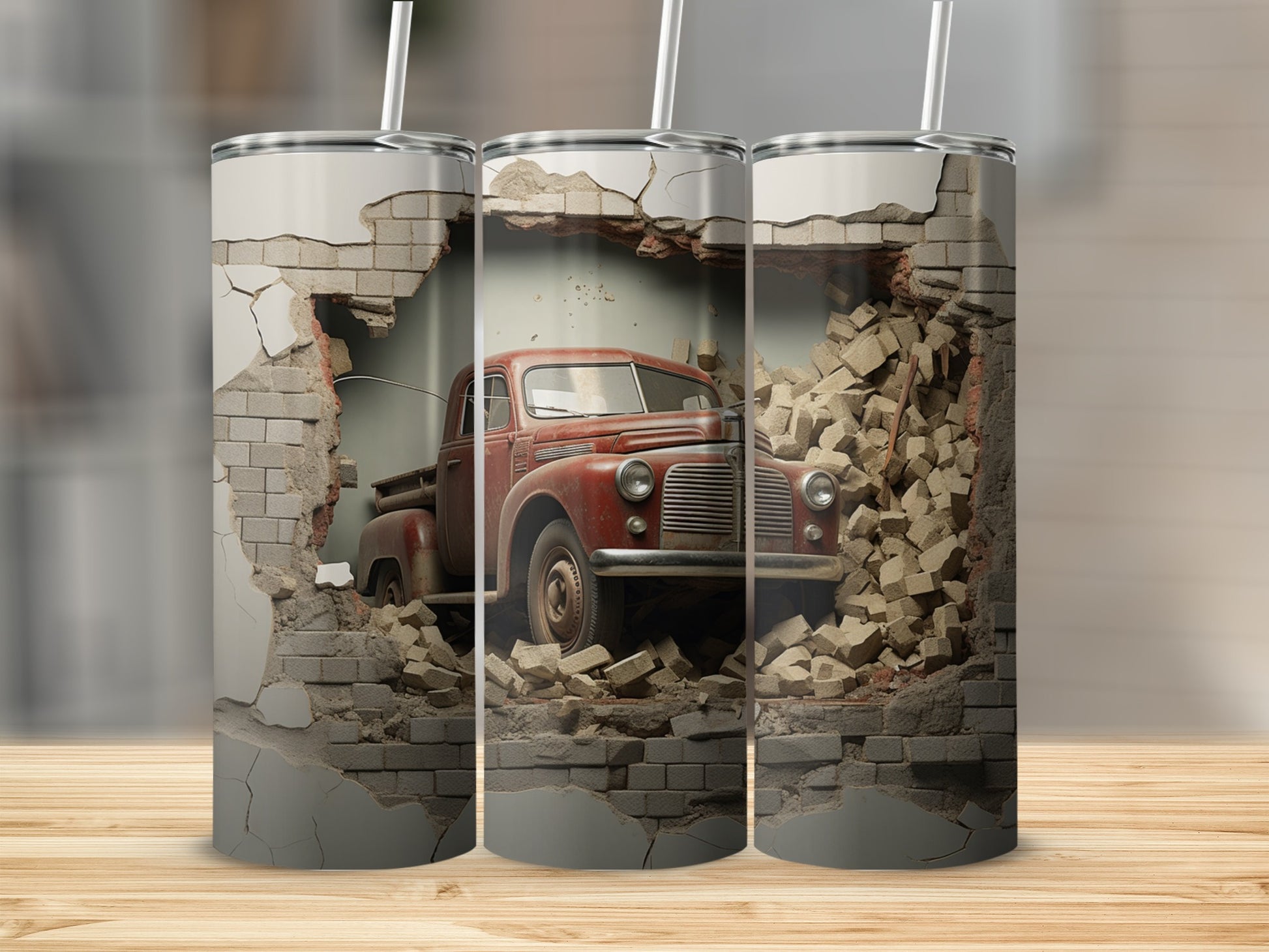 Vintage Truck Breaking Through Brick Wall Tumbler