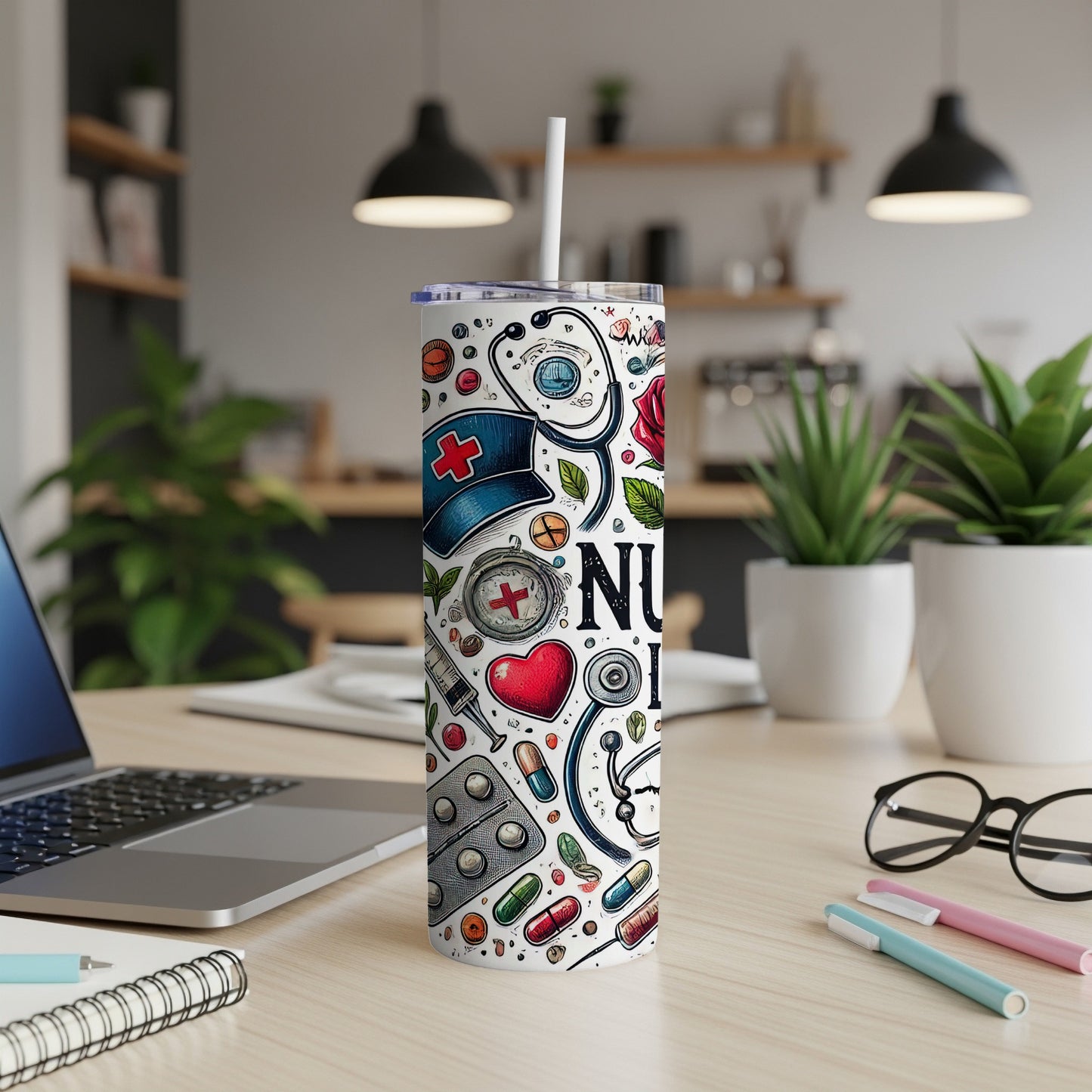 Tall white tumbler with medical icons and "Nurse" text.