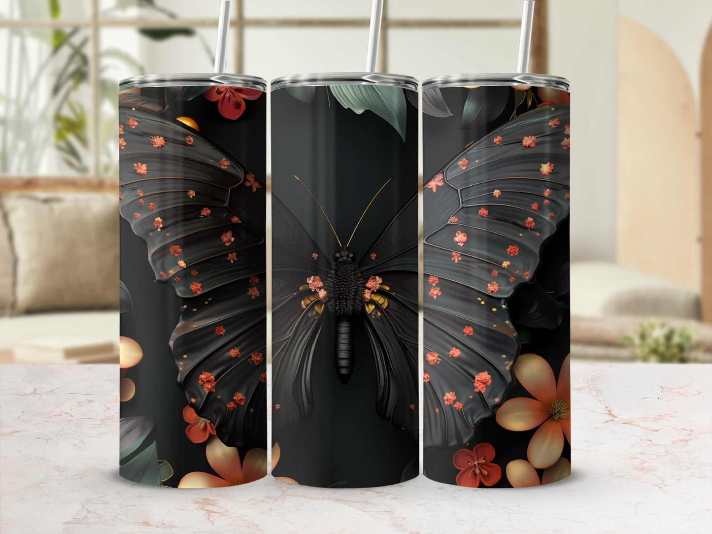 Black butterfly with orange floral accents on a dark tumbler with straw.