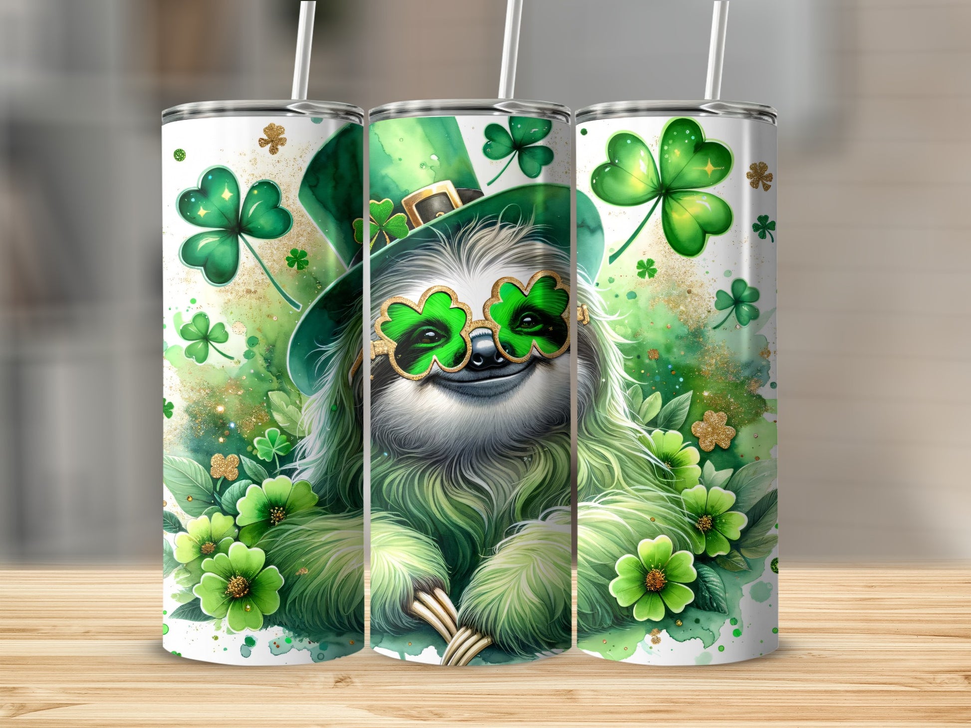 St. Patrick's Day sloth in green hat and clover glasses with shamrocks.