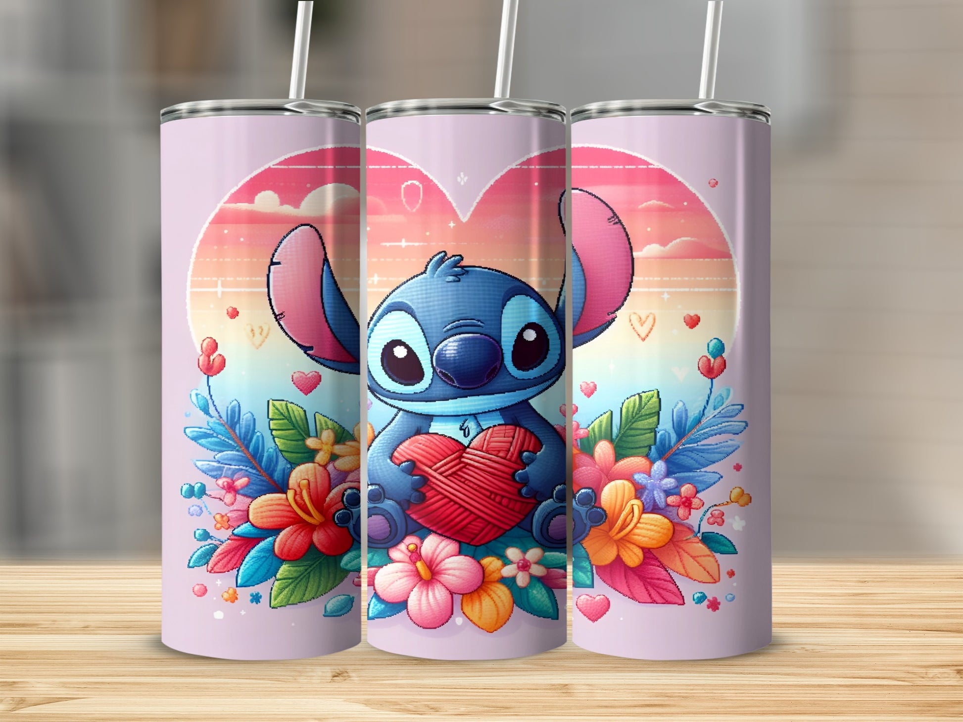 Stitch character holding a red heart, surrounded by flowers and a pastel heart background.