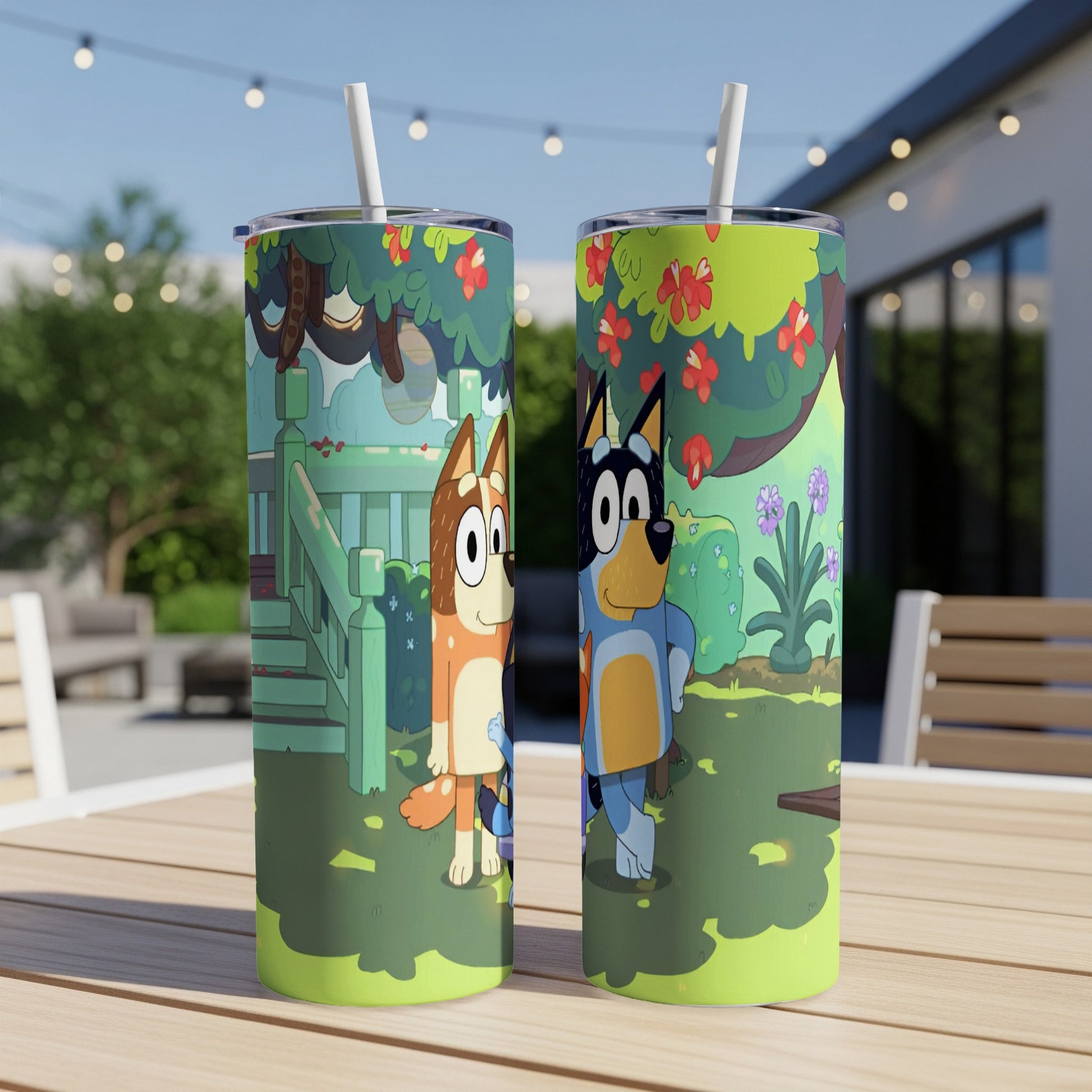Bluey and Bingo characters on a green tumbler with a backyard background.