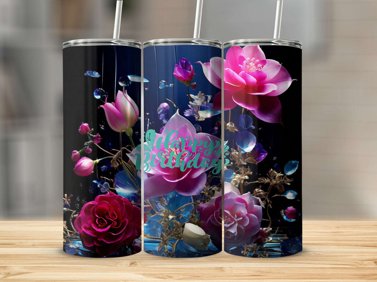 Three tumblers with pink and purple flowers, jewels, and "Happy Birthday" text.