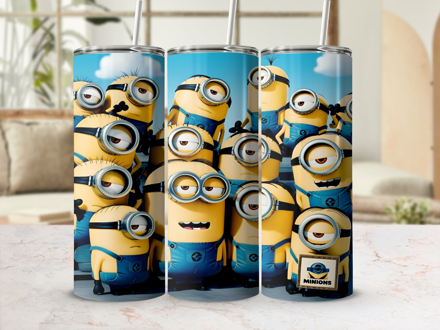 Minions characters on a blue tumbler with straws.