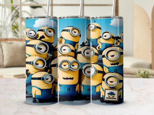 Minions characters on a blue tumbler with straws.