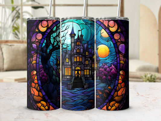 Spooky haunted mansion with stained glass border and straw.