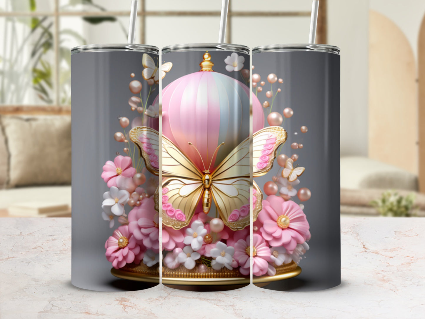 Pink and white hot air balloon adorned with a golden butterfly and pink flowers.