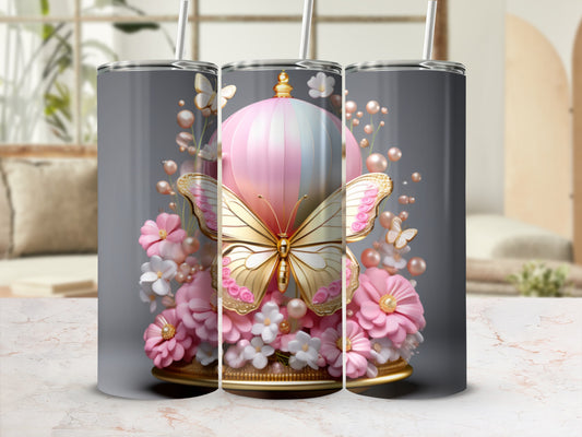 Pink and white hot air balloon adorned with a golden butterfly and pink flowers.