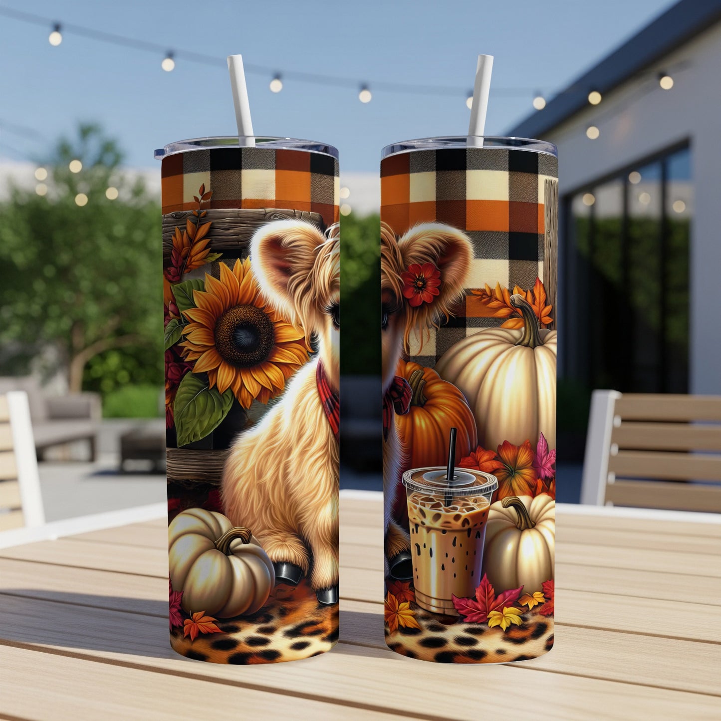 Two tumblers with a Highland cow and autumn harvest design.