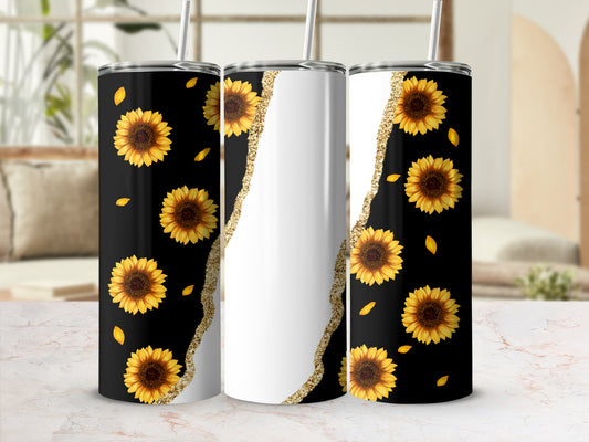Three tumblers with sunflowers on black and white backgrounds.