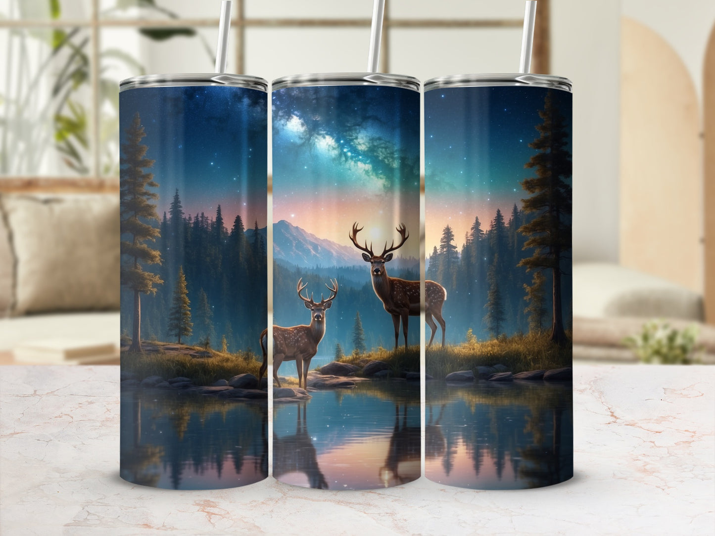 Three tumblers with a serene deer and mountain landscape under a starry sky.