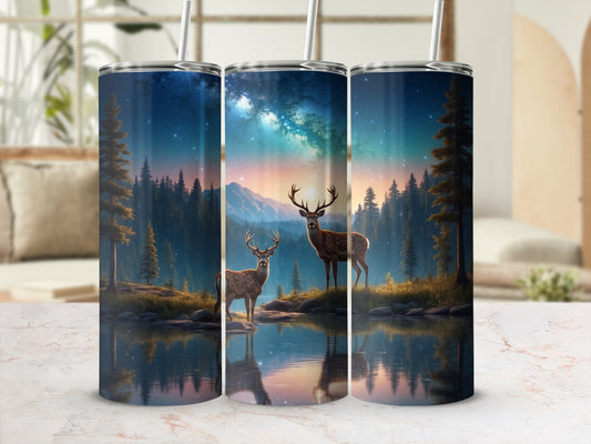 Three tumblers with a serene deer and mountain landscape under a starry sky.