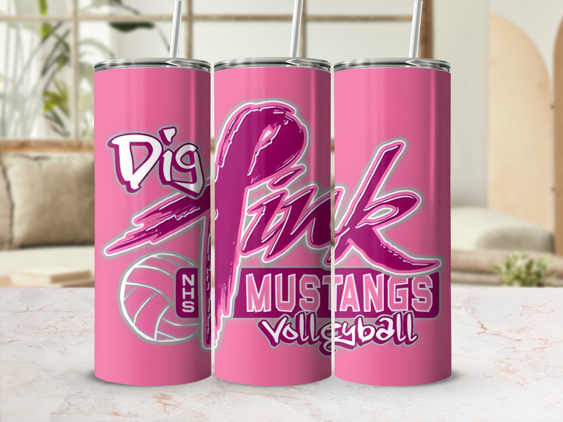 Pink tumbler with "Dig Pink Mustangs Volleyball" text and volleyball graphic.