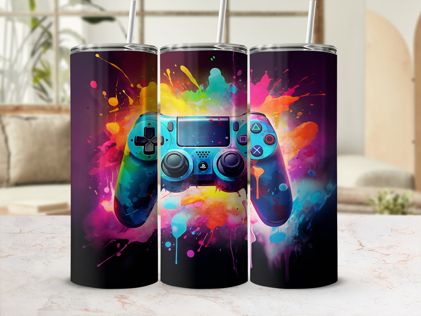 Vibrant Gaming Controller Splatter Art Tumbler