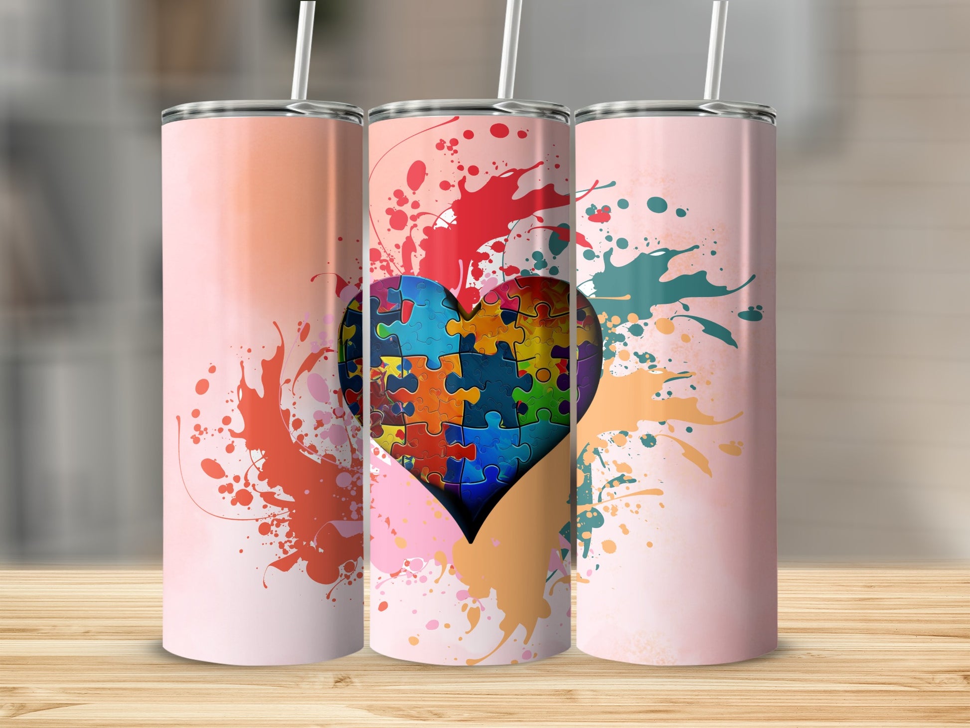 Colorful Puzzle Heart Tumbler With Splashes Design