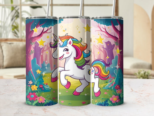 Unicorn with rainbow mane and tail in a magical forest setting.