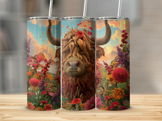 Highland cow with flowers and straw, presented on three tumblers.
