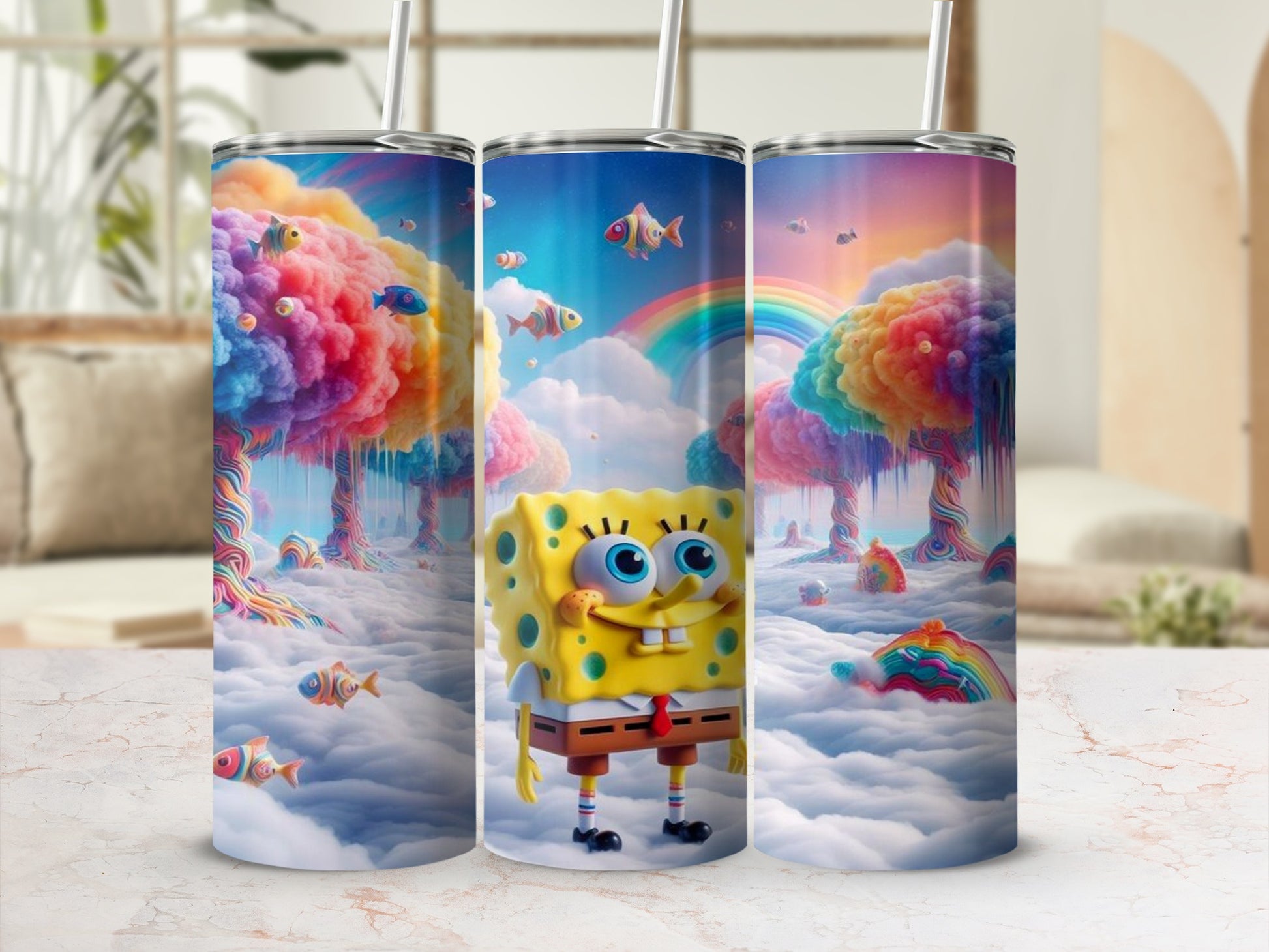 Colorful SpongeBob and Rainbow Clouds Tumbler